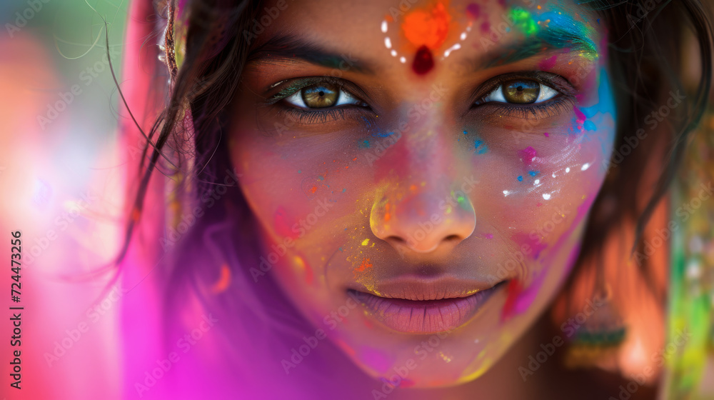 Obraz premium Beautiful young Indian woman with her face painted during the Holi festival in India
