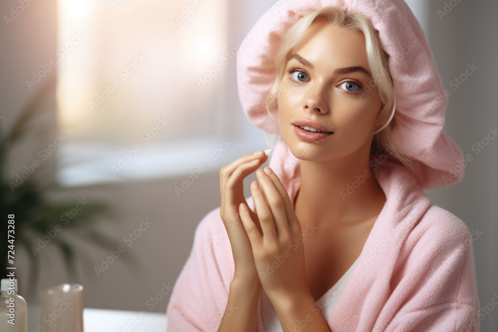 Woman with Pink Towel on Head Woman with Pink Towel on Head