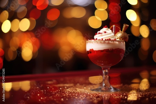 Red Velvet Dream  Creamy cocktail in a red velvet-rimmed glass.