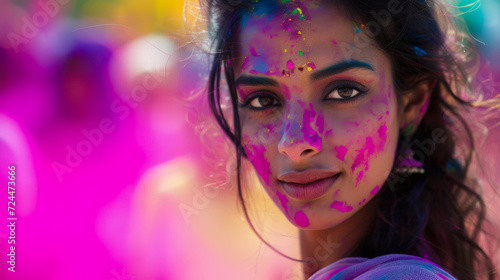 Beautiful young Indian woman with her face painted during the Holi festival in India