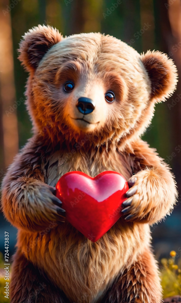 Fototapeta premium Brown Teddy Bear Holding Red Heart - Gift Of Love for Someone Special. An adorable brown teddy bear grasping a red heart-shaped symbol of love and affection.