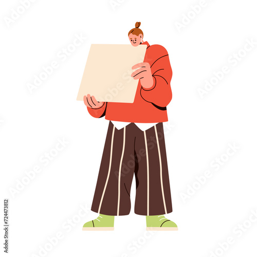 Woman holding big paper sheet, post. Business person showing empty memo stick...