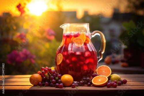 Sangria Sunset: Sangria in a pitcher, filled with a medley of fruits.