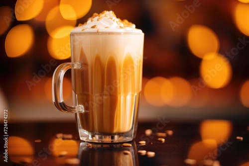 Caramel Delight: Close-up of a caramel macchiato in a glass mug, with a caramel drizzle.