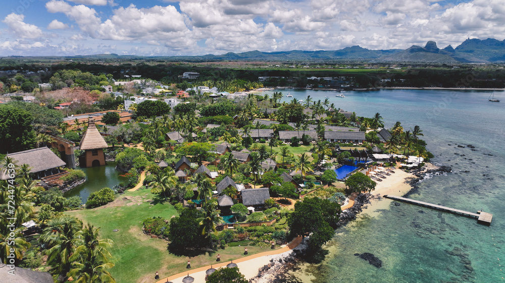 Aerial View of a Tropical Island Resort in Mauritius