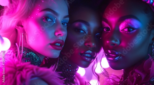 neon with three women, adorned in sparkling makeup under pink and blue lights. E
