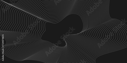 Long exposure neon lights on the black background. Black and white image of a wave. 3D modern wave curve abstract for presentation. Set design element circle. Isolated bold vector colors golden ring.