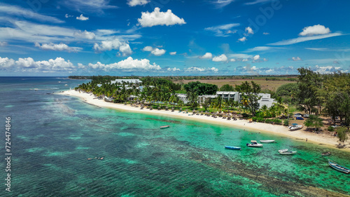Aerial View of Beach With Boats in Mauritius
