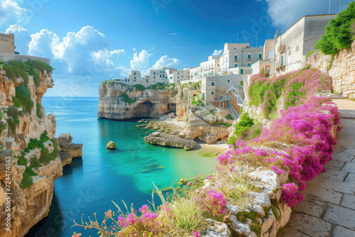 aerial view Spectacular spring cityscape of Polignano a Mare town, Puglia region, Italy
