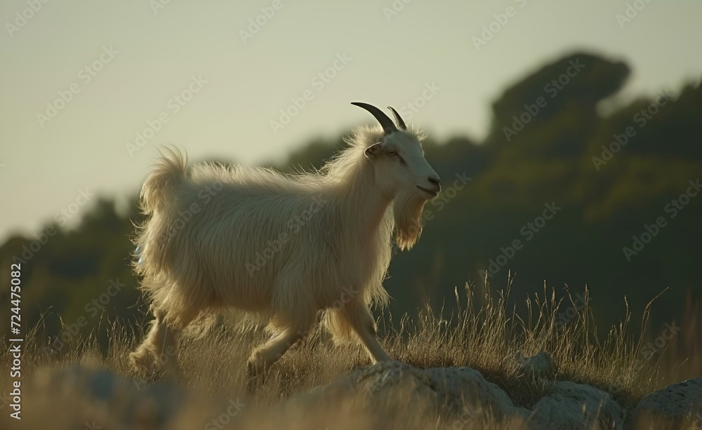 Obraz premium AI generated illustration of a lively goat dashing across a lush hillside
