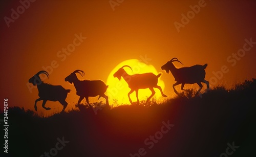 AI generated illustration of goats sprinting through a vibrant sunset in the wilderness