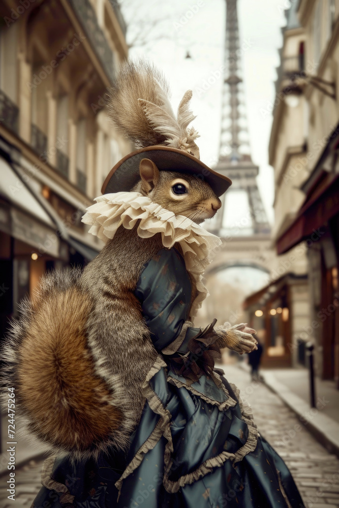 A whimsical squirrel dons exquisite 18th-century French fashion