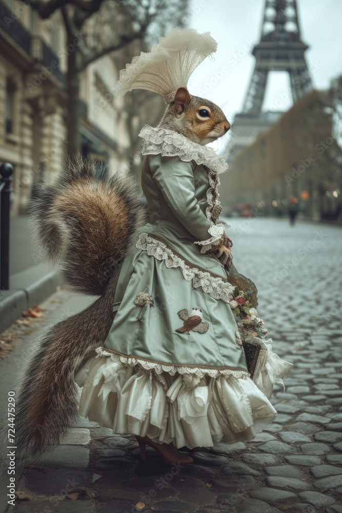 A whimsical squirrel dons exquisite 18th-century French fashion