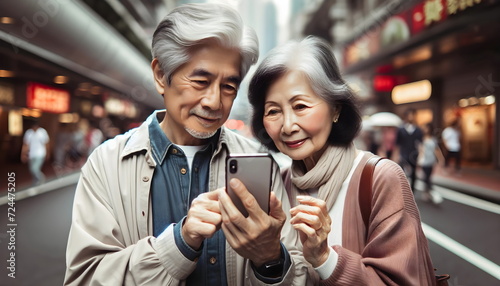 asian senior couple use mobile phone on city street