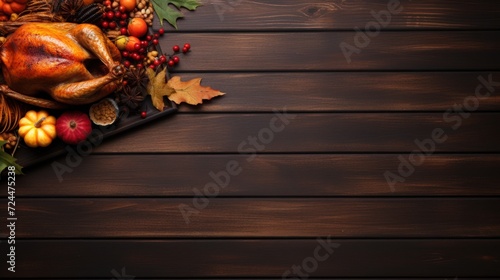 Traditional Thanksgiving turkey dinner. Overhead view side border on a dark wood banner background with copy space