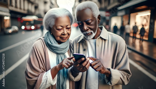 african senior couple use mobile phone on city street