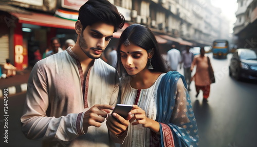 arabian young couple use mobile phone on city street