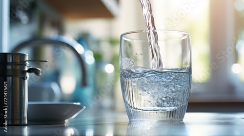 A glass cup being filled with clean water from a tap in the kitchen. photo