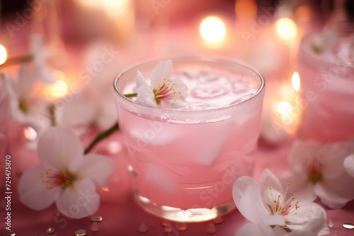 Cherry Blossom Bliss  Sakura-inspired cocktail in a delicate glass.