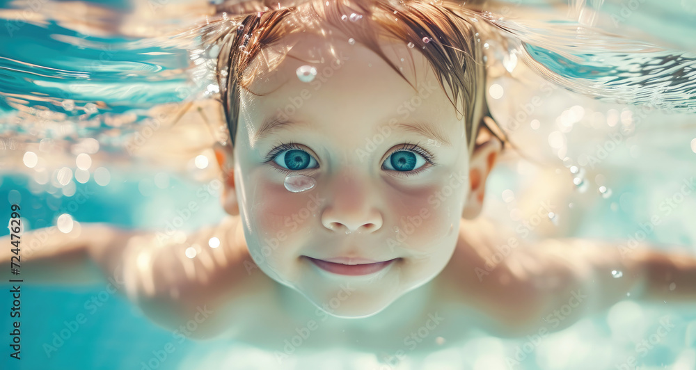a beautiful kid swimming under water on a pool