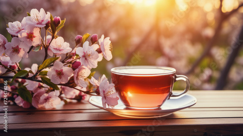 Freshly brewed tea in glass cup on wooden table with lots of cherry blossoms. Healthy drink. Blurred spring background. Sacura blossoms. Natural light, at sunset.