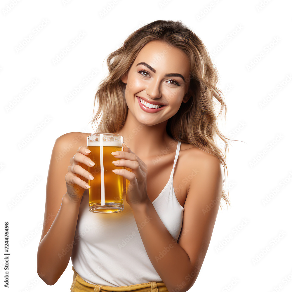 woman hold beer isolated on white woman hold beer isolated on white