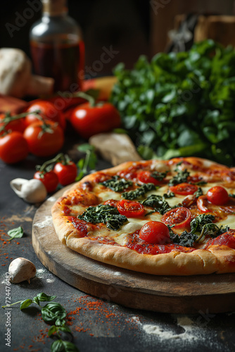 Indulge in a mouth-watering slice of california-style pizza topped with juicy tomatoes, fragrant basil, and gooey cheese, served on a rustic wooden board for a satisfying italian dining experience in