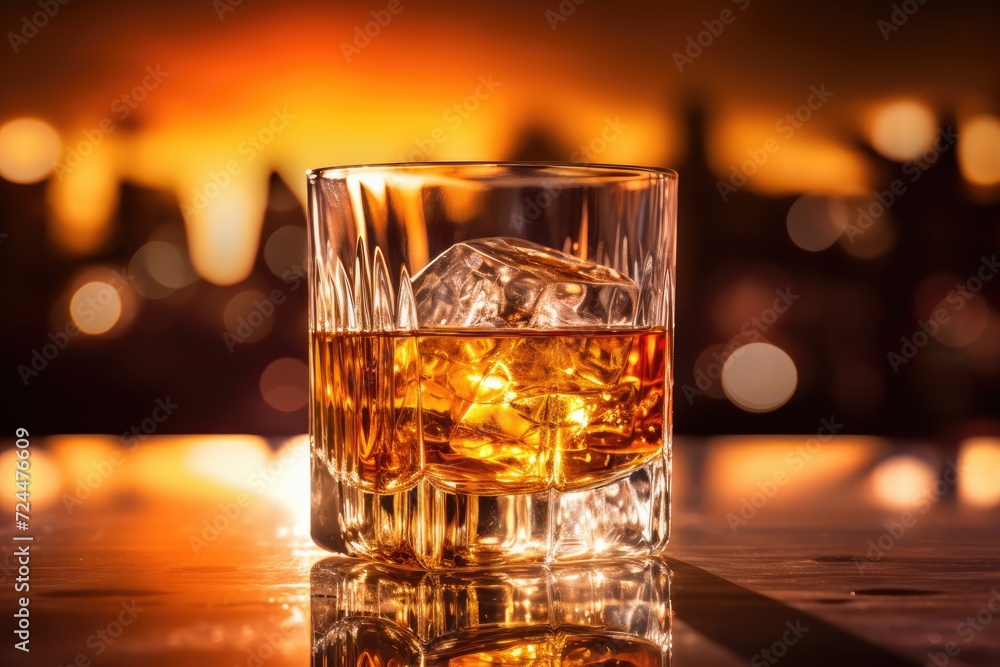 Golden Hour Bliss: Whiskey on the rocks in a golden-hued glass.