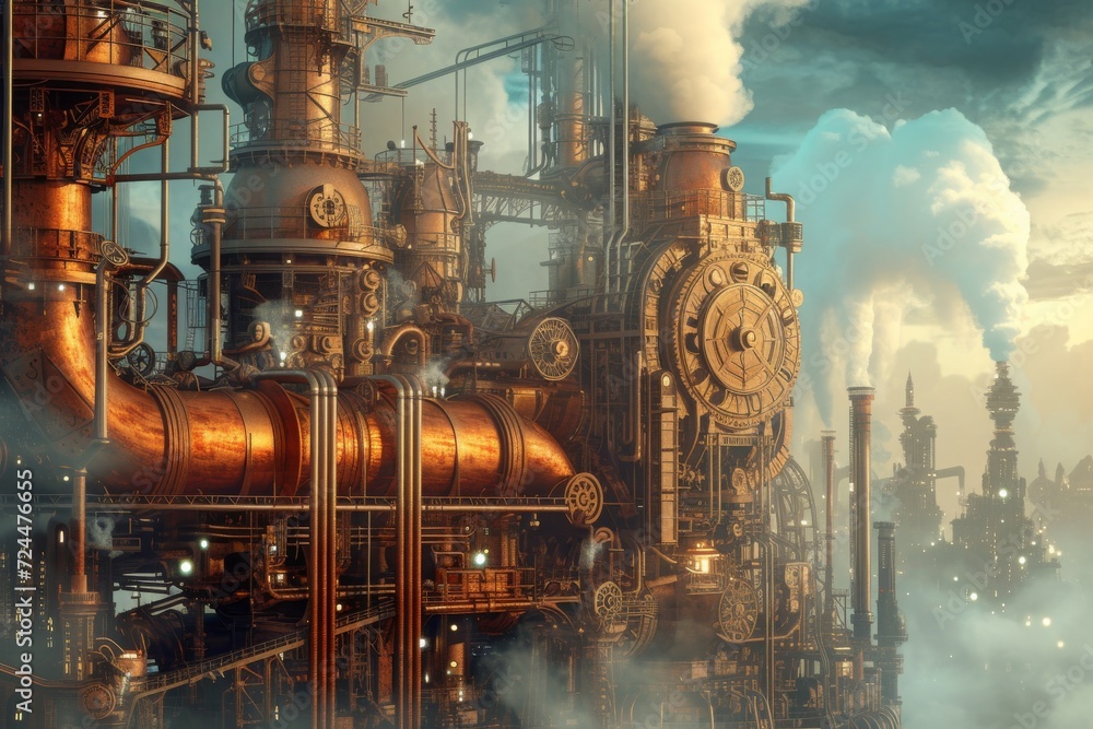 A steampunk-inspired illustration showing a city powered by steam and renewable energy, with intricate gears and pipes - obrazy, fototapety, plakaty 
