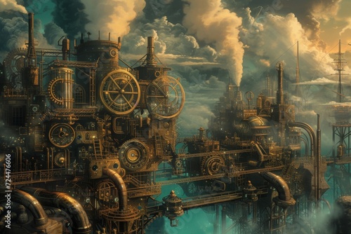 A steampunk-inspired illustration showing a city powered by steam and renewable energy, with intricate gears and pipes