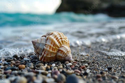 An elegant conch shell rests on the sandy shore, embodying the tranquil beauty of the invertebrate world by the sea