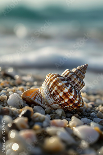 Amidst the sandy shore, a conch shell rests, a natural treasure from the ocean's depths, symbolizing the beauty and resilience of sea snails and the tranquil essence of the beach