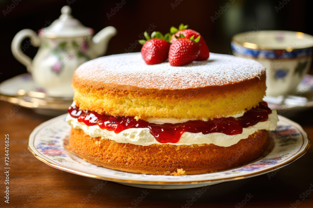 British Victoria sponge cake with strawberry jam and whipped cream, on a lace tablecloth British Victoria sponge cake with strawberry jam and whipped cream, on a lace tablecloth
