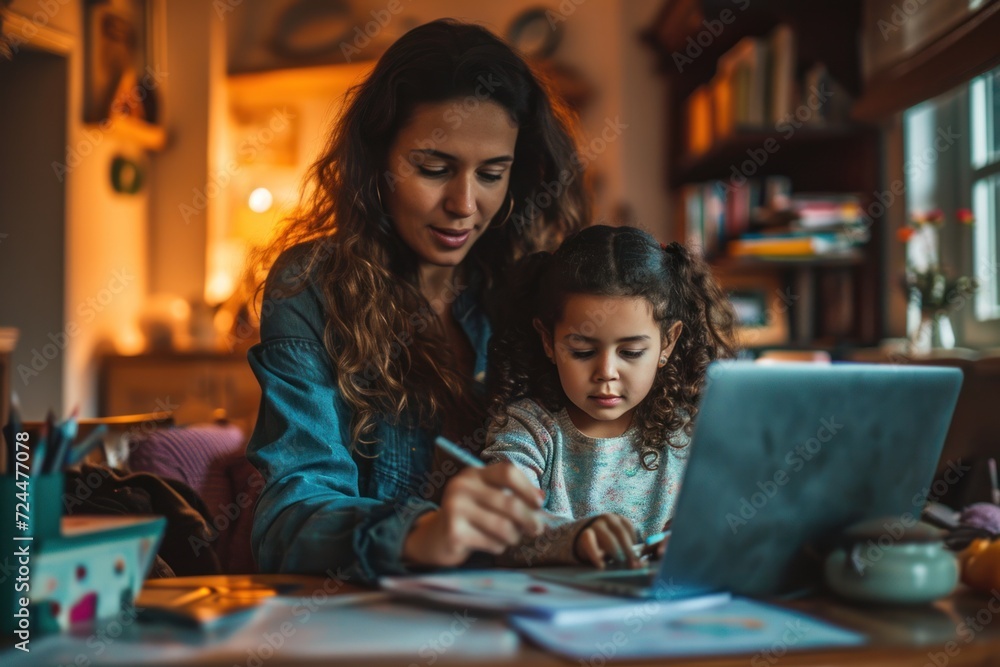 Fototapeta premium A biracial mother points at her laptop while helping her daughter write her homework