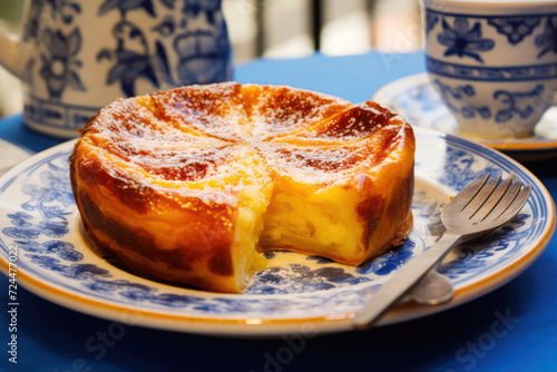 Portuguese pastel de nata (custard tart) on a blue and white patterned plate, with a cinnamon stick photo