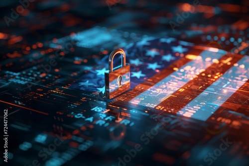 cybersecurity and national security concept with digital padlock and american flag, encrypted data protection, cyber defense technology
