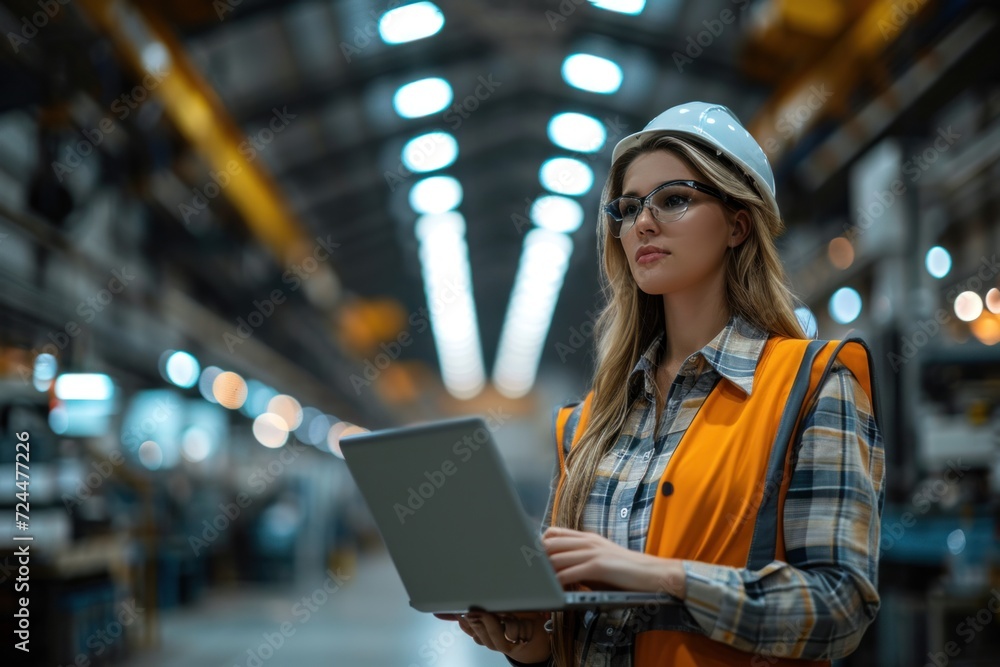 Fototapeta premium Businesswoman in modern factory using laptop
