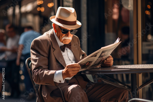 A suave elderly gentleman in a trendy suit and sneakers, reading a contemporary magazine at a street
