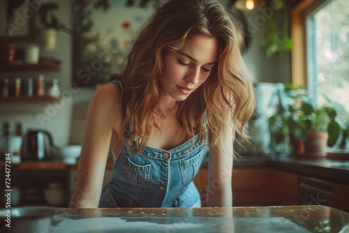 A Caucasian woman wearing blue denim overalls spends time at home fixing a table. © sirisakboakaew