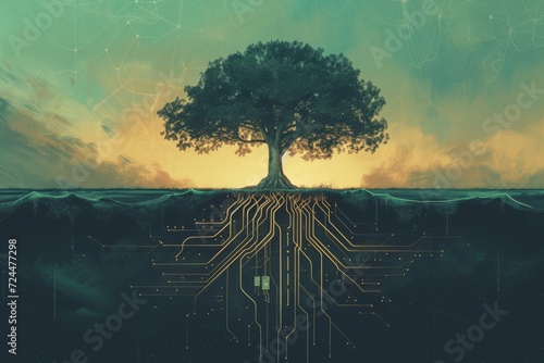 A surreal illustration of a tree with its roots forming an electrical circuit, symbolizing the connection between nature and technology photo
