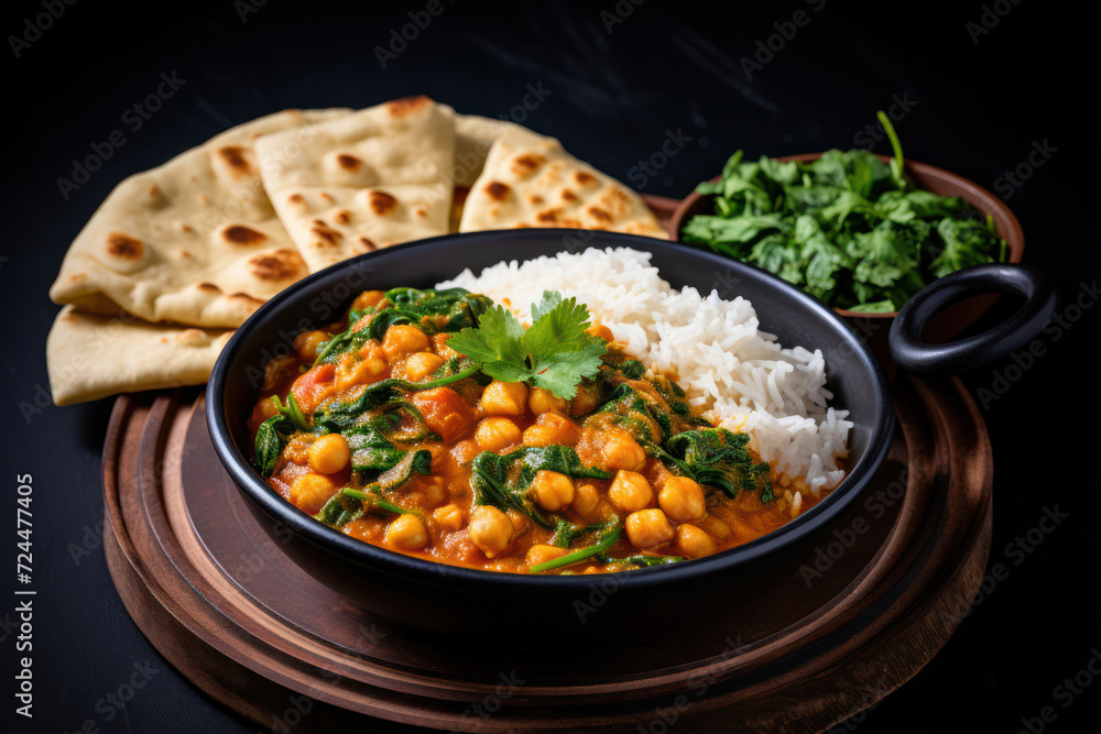 
Photo of a vegan chickpea and spinach curry, served in a terracotta bowl, with basmati rice and naan bread
