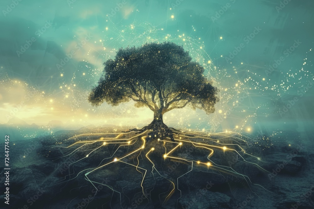 Obraz A surreal illustration of a tree with its roots forming an electrical circuit, symbolizing the connection between nature and technology