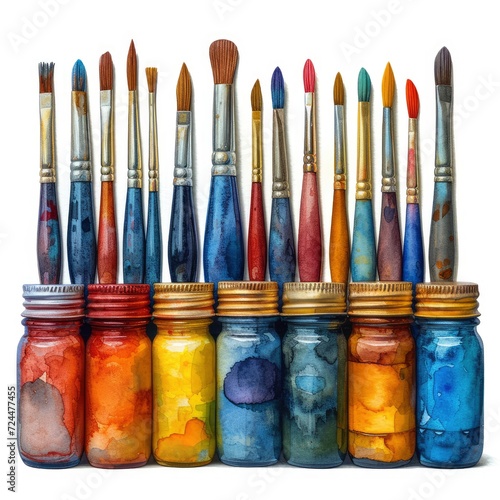 Multicolored Watercolor Bottles Paintbrush On White Background, Illustrations Images