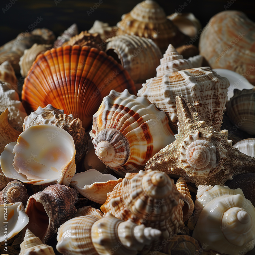 Obraz premium A stunning array of invertebrate shells, from delicate cockles and clams to majestic conchs and scallops, showcase the beauty and diversity of these natural materials found in the ocean