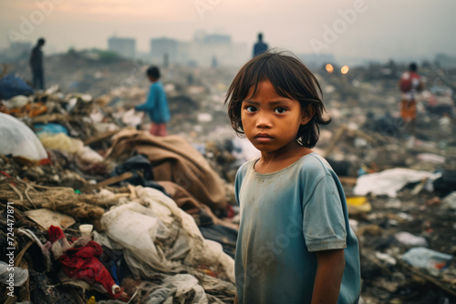 Young Filipino child, around 8 years old, playing among the debris and waste in a Manila landfill, with a hopeful expression