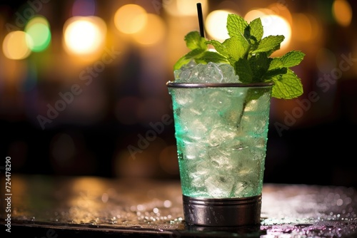 Minty Magic: Mint julep in a silver cup, with fresh mint leaves.