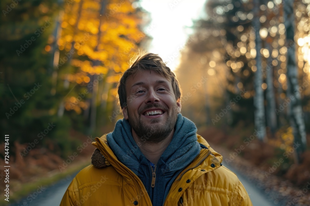 Happy man standing on road in front of trees Happy man standing on road in front of trees