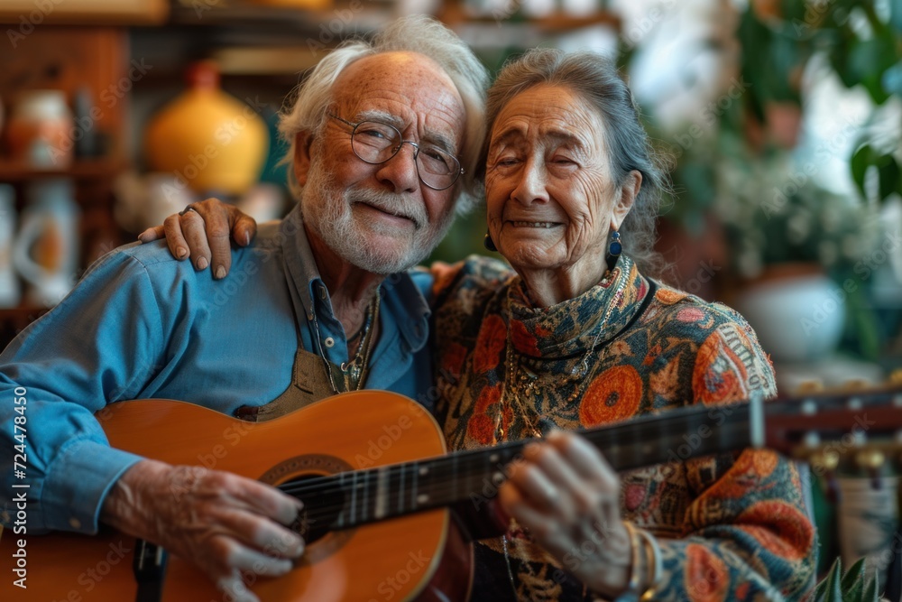 Portrait of an elderly couple enjoying playing the guitar in their own home. They have a smiling and happy face. Portrait of an elderly couple enjoying playing the guitar in their own home. They have a smiling and happy face.