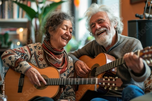 Portrait of an elderly couple enjoying playing the guitar in their own home. They have a smiling and happy face.