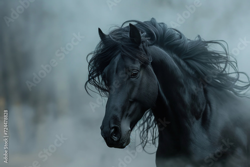 A majestic black stallion with a flowing mane stands proudly in the outdoor wilderness, exuding power and grace as a true mustang horse